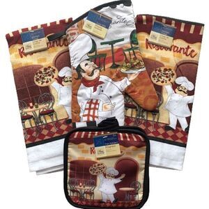 Pizza Restaurant Italian Chef Kitchen Linen 5 Piece SET Burgundy Beige Fun NEW